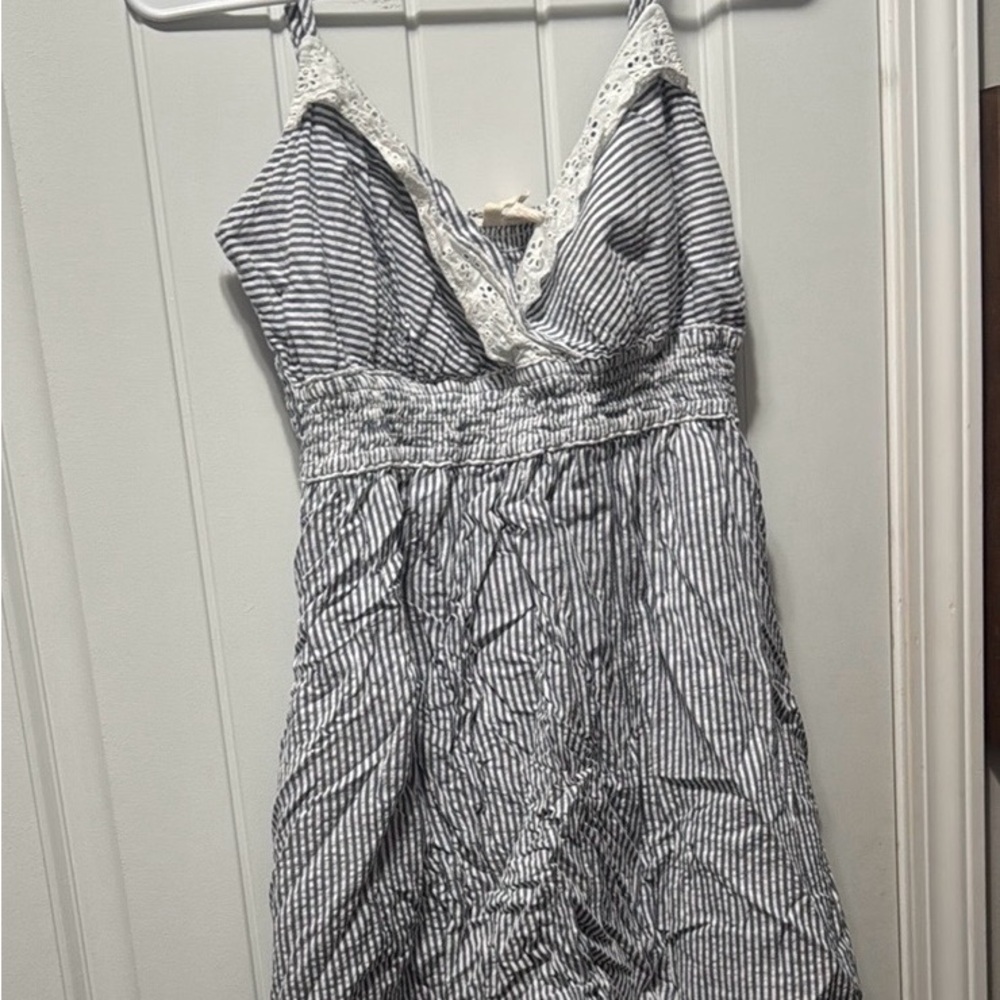 Striped/seersucker Dress with white Lace eyelet Trim